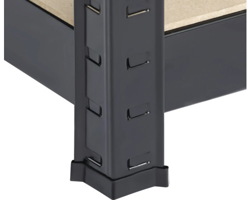 Detailansicht eines schwarzen Metallregals mit Regalböden