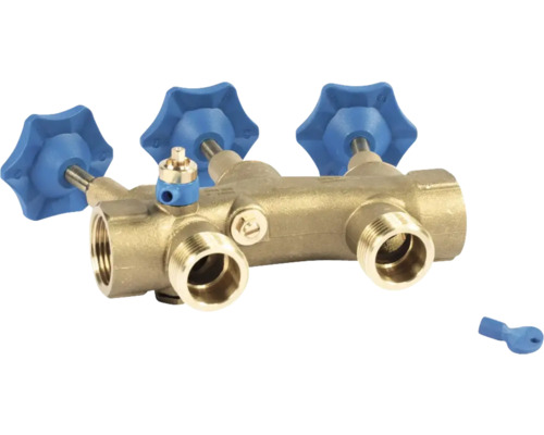 Wasserverteiler aus Messing mit blauen Griffen