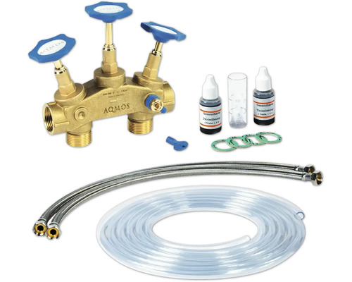 AWMOS Heizkreisverteiler Set mit Messingverteiler, Titrierlösung, Messzylinder, Dichtungen, Füllschlauch und Anschlussflexschläuchen