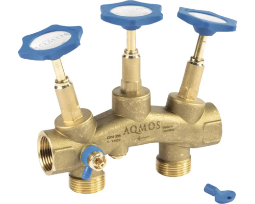 Aquamos Heizkreisverteiler aus Messing mit drei Ventilen und zugehörigem Schlüssel