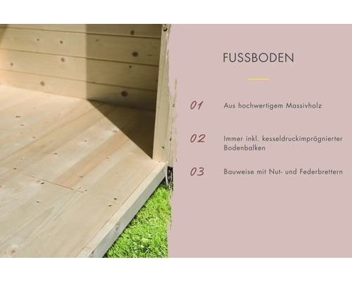 Detailansicht des Fußbodens eines Gartenhauses aus massivem Holz mit Nut- und Federbrettern.