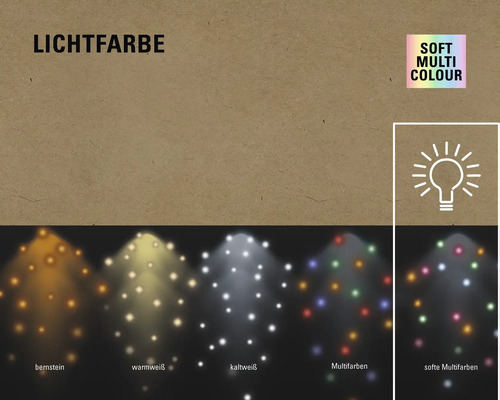 Lichtfarben: Bernstein, Warmweiß, Kaltweiß, Multicolor, softe Multicolor
