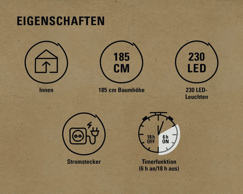 Produktmerkmale: geeignet für Innenräume, 185 cm Baumhöhe, 230 LED Lichter, Stromstecker, Timerfunktion sechs Stunden an und 18 Stunden aus