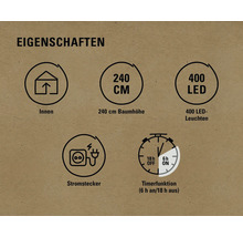 Eigenschaften: Innenbereich, 240 Zentimeter Baumhöhe, 400 LED Leuchten, Stromstecker, Timerfunktion sechs Stunden an und 18 Stunden aus