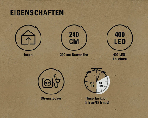 Eigenschaften: Innenbereich, 240 Zentimeter Baumhöhe, 400 LED Leuchten, Stromstecker, Timerfunktion sechs Stunden an und 18 Stunden aus