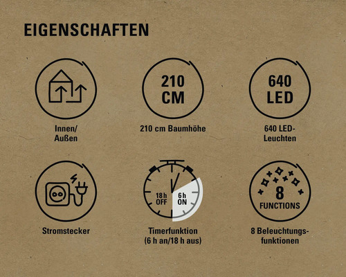 Eigenschaften: Innen- und Außenbereich, 210 Zentimeter Baumhöhe, 640 LED Leuchten, Stromstecker, Timerfunktion (6 Stunden an, 18 Stunden aus), 8 Beleuchtungsfunktionen