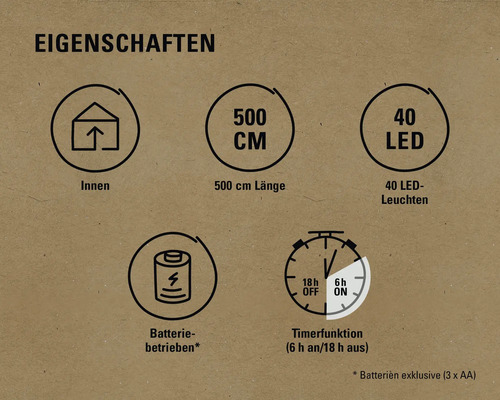 Eigenschaften: Innenbereich, 500 cm Länge, 40 LED Leuchten, Batteriebetrieb, Timerfunktion