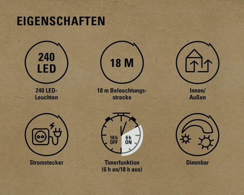 Eigenschaften: 240 LEDs, 18 Meter Länge, für Innen- und Außenbereich, Stromstecker, Timerfunktion, dimmbar
