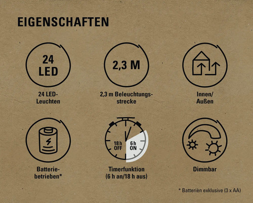 Eigenschaften: 24 LED Leuchten, 2,3 m Beleuchtungsstrecke, für Innen und Außen, Batteriebetrieb, Timerfunktion sechs Stunden an und 18 Stunden aus, dimmbar