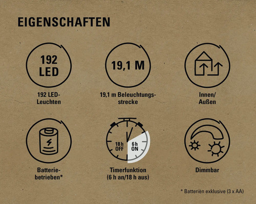 Eigenschaften: 192 LED Leuchten, 19,1 Meter Beleuchtungsstrecke, Innen- und Außenbereich geeignet, Batteriebetrieb, Timerfunktion, Dimmbar