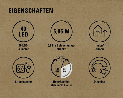 Eigenschaften: 40 LEDs, 5,85 Meter Beleuchtungsstrecke, für Innen- und Außenbereich geeignet, Stromstecker, Timerfunktion mit sechs Stunden an und 18 Stunden aus, dimmbar