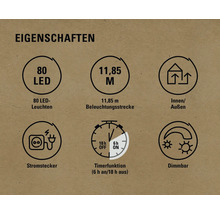 Eigenschaften: 80 LED Leuchten, 11,85 Meter Beleuchtungsstrecke, Stromstecker, Innen- und Außenbereich, Timerfunktion sechs Stunden an und achtzehn Stunden aus, Dimmbar
