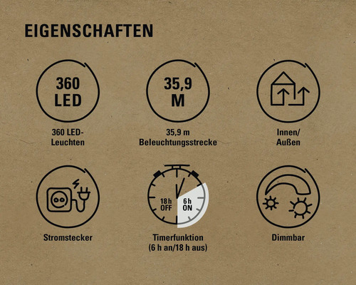 Eigenschaften: 360 LEDs, 35,9 Meter Länge, geeignet für Innen- und Außenbereich, Stromstecker, Timerfunktion, dimmbar