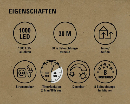Eigenschaften: 1000 LED Leuchten, 30 Meter Beleuchtungsstrecke, Innen- und Außenbereich, Stromstecker, Timerfunktion (6 Stunden an, 18 Stunden aus), Dimmbar, 8 Beleuchtungsfunktionen.
