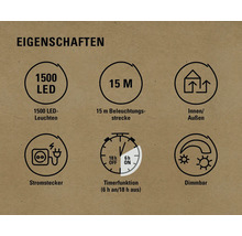 Eigenschaften: 1500 LED Leuchten, 15 Meter Beleuchtungsstrecke, für Innen und Außen, Stromstecker, Timerfunktion, Dimmbar