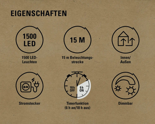 Eigenschaften: 1500 LED Leuchten, 15 Meter Beleuchtungsstrecke, für Innen und Außen, Stromstecker, Timerfunktion, Dimmbar