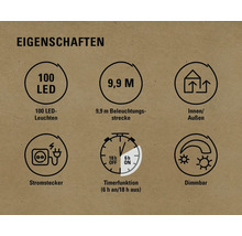 Eigenschaften: 100 LEDs, 9,9 Meter Beleuchtungsstrecke, Innen- und Außenbereich, Stromstecker, Timerfunktion (6 Stunden an/18 Stunden aus), Dimmbar