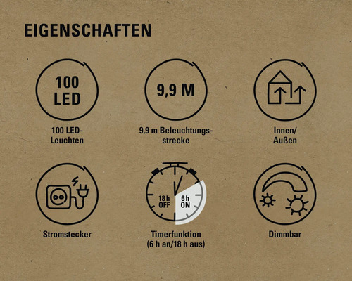 Eigenschaften: 100 LEDs, 9,9 Meter Beleuchtungsstrecke, Innen- und Außenbereich, Stromstecker, Timerfunktion (6 Stunden an/18 Stunden aus), Dimmbar