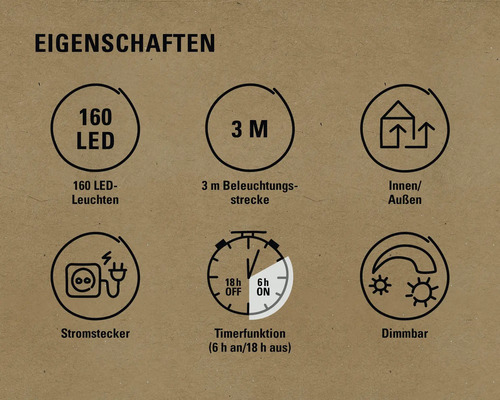 Eigenschaften: 160 LEDs, 3 Meter Zuleitung, für Innen und Außen geeignet, Stromstecker, Timerfunktion, dimmbar