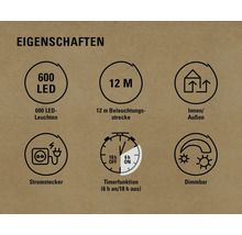 Eigenschaften: 600 LEDs, 12 Meter beleuchtete Strecke, geeignet für Innen- und Außenbereiche, Netzstecker, Timerfunktion sechs Stunden an und achtzehn Stunden aus, dimmbar