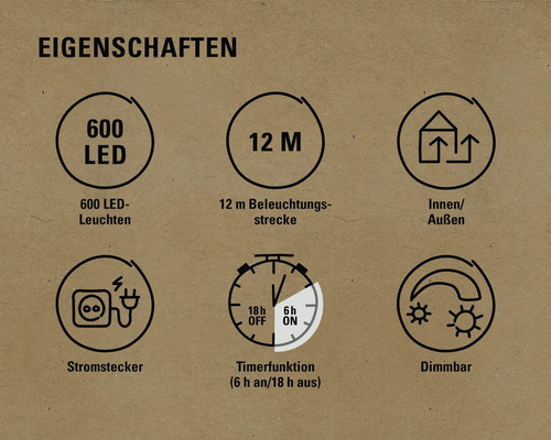 Eigenschaften: 600 LEDs, 12 Meter beleuchtete Strecke, geeignet für Innen- und Außenbereiche, Netzstecker, Timerfunktion sechs Stunden an und achtzehn Stunden aus, dimmbar