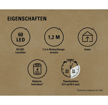 Eigenschaften: 60 LED Leuchten, 1,2 Meter Beleuchtungsstrecke, für Innenräume, Batteriebetrieb, Timerfunktion sechs Stunden ein und 18 Stunden aus