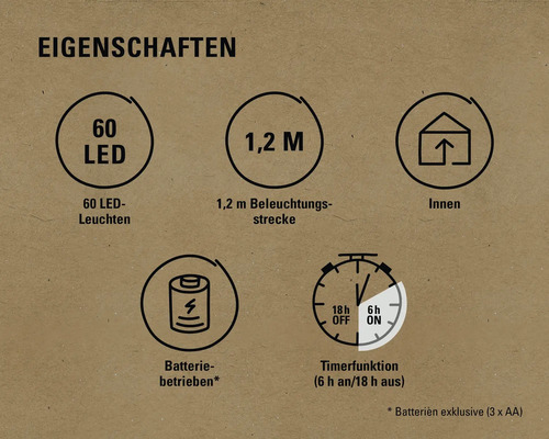 Eigenschaften: 60 LED Leuchten, 1,2 Meter Beleuchtungsstrecke, für Innenräume, Batteriebetrieb, Timerfunktion sechs Stunden ein und 18 Stunden aus