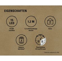 Eigenschaften: 15 LEDs, 1,2 Meter Beleuchtungsstrecke, Innenbereich geeignet, Batteriebetrieb, Timerfunktion sechs Stunden an und 18 Stunden aus