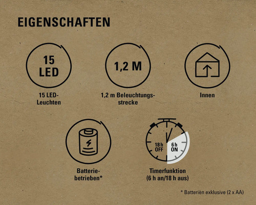 Eigenschaften: 15 LEDs, 1,2 Meter Beleuchtungsstrecke, Innenbereich geeignet, Batteriebetrieb, Timerfunktion sechs Stunden an und 18 Stunden aus