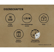Eigenschaften: 10 LEDs, 1,35 Meter, für Innenräume, Batteriebetrieb, Timerfunktion