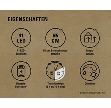 Eigenschaften: 41 LEDs, 65 cm Länge, Innen- und Außenbereich, Batteriebetrieb, Timerfunktion, Dimmbar