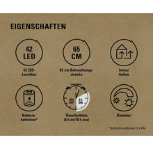 Eigenschaften: 42 LED Leuchten, 65 cm Beleuchtungsstrecke, für Innen und Außen geeignet, Batteriebetrieb, Timerfunktion und dimmbar