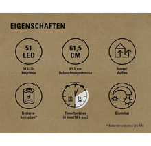 Produktmerkmale: 51 LED Leuchten, 61,5 Zentimeter Beleuchtungsstrecke, für Innen und Außen, Batteriebetrieb, Timerfunktion, Dimmbar