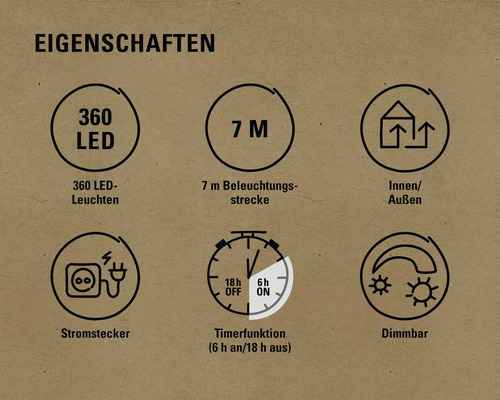 Eigenschaften: 360 LED Leuchten, 7 Meter Beleuchtungsstrecke, Innen- und Außenbereich, Stromstecker, Timerfunktion, Dimmbar