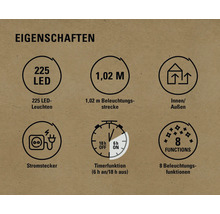 Eigenschaften: 225 LEDs, 1,02 Meter Länge, geeignet für Innen und Außen, Stromstecker, Timerfunktion (6 Stunden an, 18 Stunden aus), 8 Beleuchtungsfunktionen
