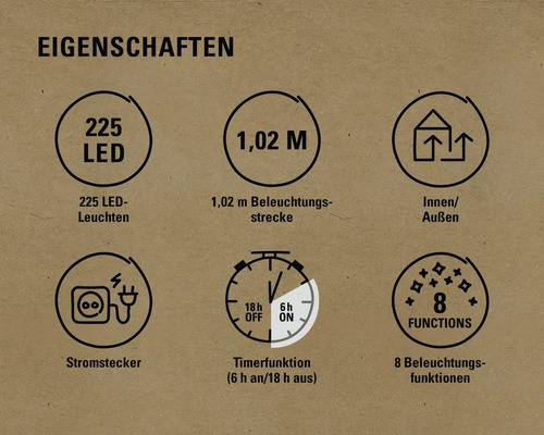 Eigenschaften: 225 LEDs, 1,02 Meter Länge, geeignet für Innen und Außen, Stromstecker, Timerfunktion (6 Stunden an, 18 Stunden aus), 8 Beleuchtungsfunktionen