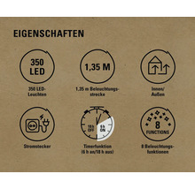 Eigenschaften: 350 LEDs, 1,35 Meter Beleuchtungsstrecke, geeignet für Innen- und Außenbereich, Stromstecker, Timerfunktion (6 Stunden an, 18 Stunden aus), 8 Beleuchtungsfunktionen