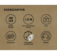 Eigenschaften: 288 LEDs, 1,25 Meter Beleuchtungsstrecke, für Innenräume, Stromstecker, Timerfunktion sechs Stunden an und 18 Stunden aus, dimmbar