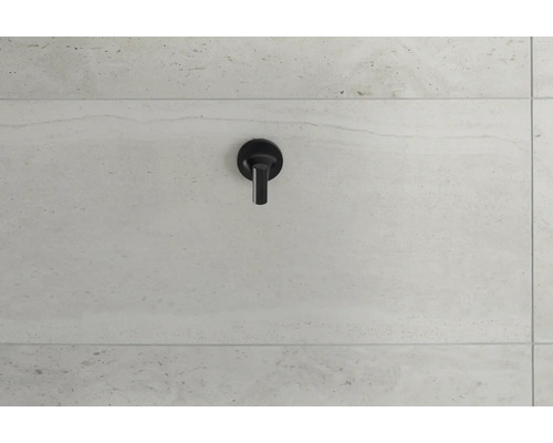 Schwarzer Wasserhahn an gefliester Wand