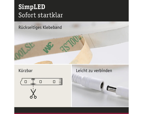 SimpLED Lichtband mit rückseitigem Klebeband, Kürzbarkeitssymbol und Verbindungselement.