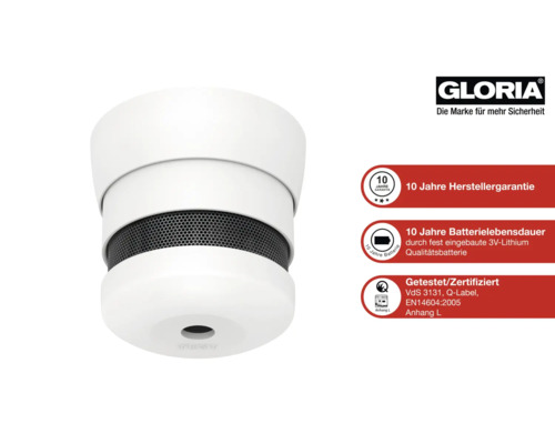 Gloria Rauchmelder mit 10 Jahren Herstellergarantie und Batterielebensdauer