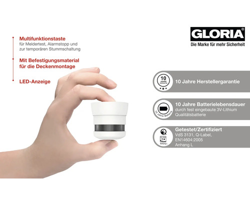 Gloria Rauchmelder mit Multifunktionstaste und LED Anzeige