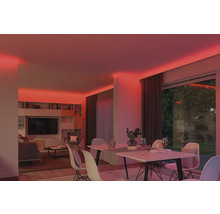 Wohnraum mit LED-Streifen zur Beleuchtung an der Decke, Esstisch und Wohnbereich.