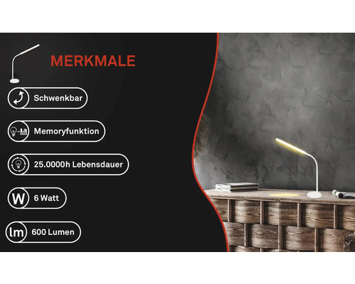 Schwenkbare LED Schreibtischlampe mit Memoryfunktion, 6 Watt Leistung und 600 Lumen Helligkeit.