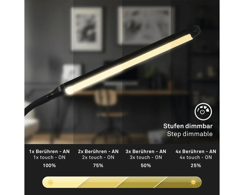 Stufenlos dimmbare Schreibtischlampe mit Touchfunktion zur Helligkeitsanpassung