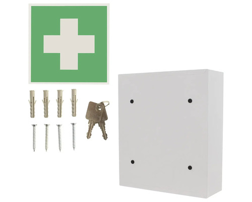 Verbandkasten zur Wandmontage mit Erste-Hilfe-Symbol, Schlüssel, Schrauben und Dübel