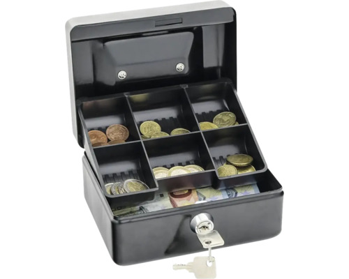 Geöffnete Geldkassette mit Münzen, Banknoten und Schlüssel