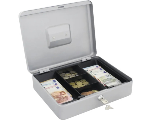 Geöffnete graue Geldkassette mit Euroscheinen und Münzen