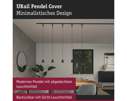 Esszimmer mit URail Schienensystem und Pendelleuchten im minimalistischen Design