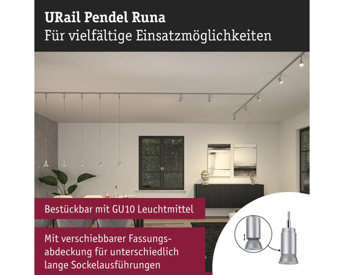 URail Pendelleuchte Runa in einem Wohnraum mit verschiedenen Beleuchtungsoptionen.